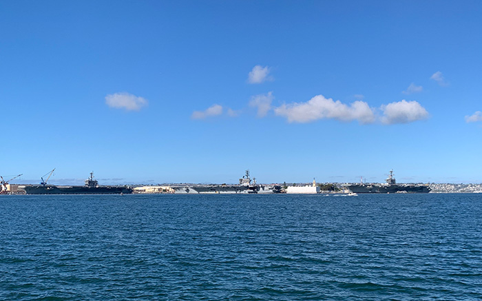 Three U.S. Navy nuclear aircraft carriers (out of 11 total) docked in San Diego Bay