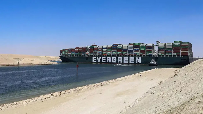 The Ever Given blocking Suez Canal’s single channel in 2021
